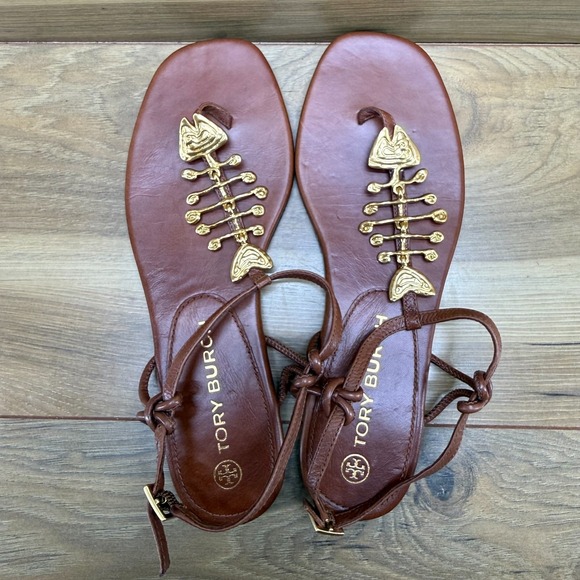 Tory Burch Capri Fish Sandals Womens 7 M Goat Leather Light Pecan - Picture 8 of 10